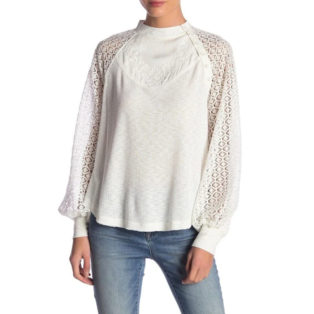 Free‎ People Sweetest Thing White Lace Thermal Top Sz S Boho Long Sleeve 1383R2